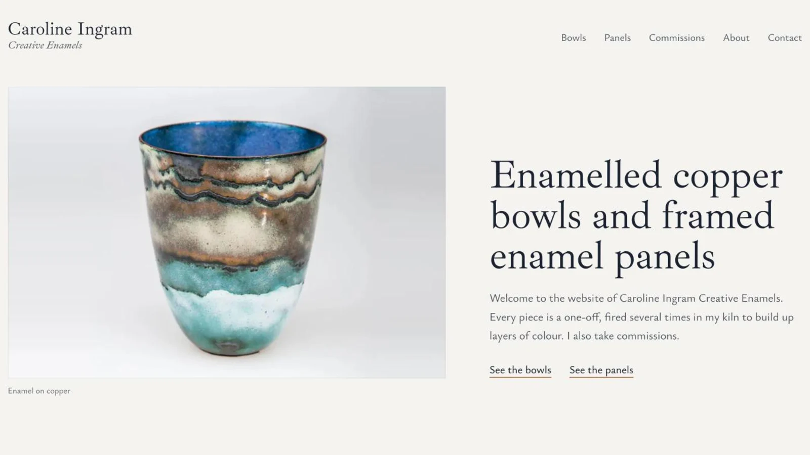 Home page of the Caroline Ingram Creative Enamels website